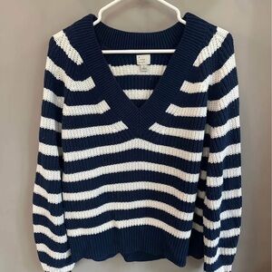 Navy and White Striped V-Neck Sweater